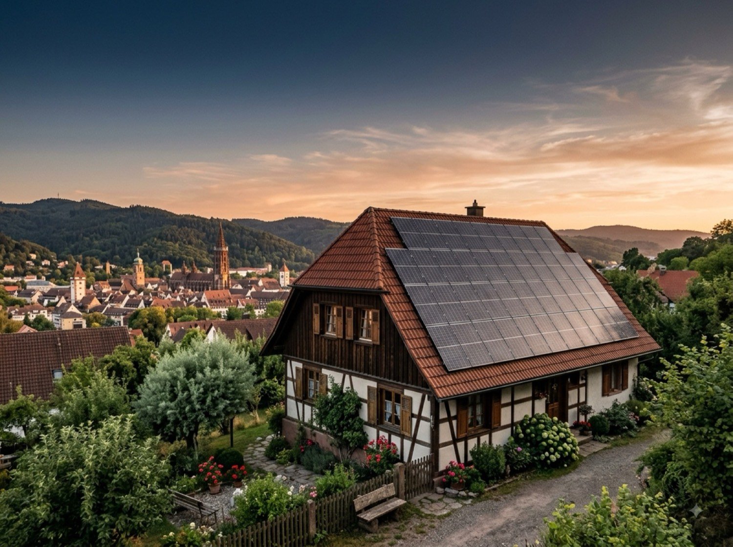 Wohnhaus in Freiburg mit Photovoltaikanlage auf dem Ziegeldach, im Hintergrund das Münster im Abendlicht