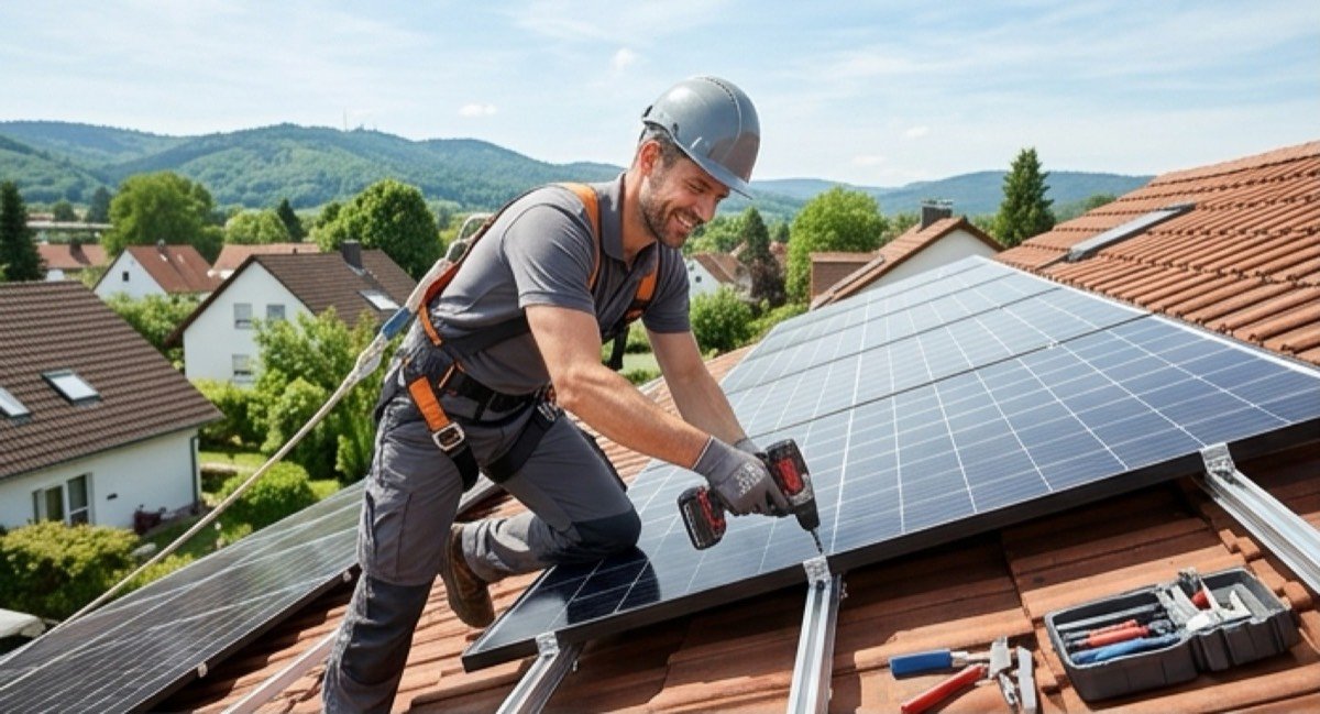 Monteur mit Helm und Sicherheitsgurt befestigt ein Solarmodul auf einem Ziegeldach